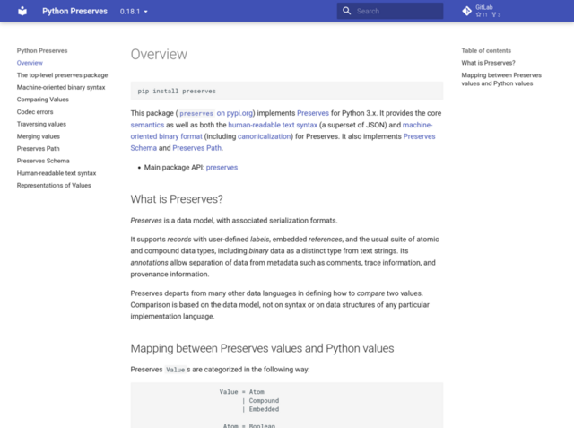 Screenshot of the new Python Preserves documentation